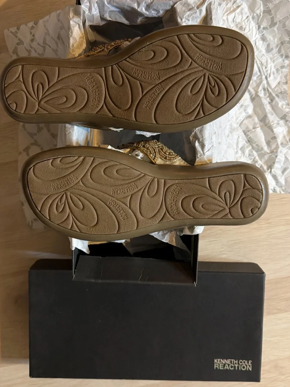 Kenneth Cole gold jeweled thong sandals with amber crystals